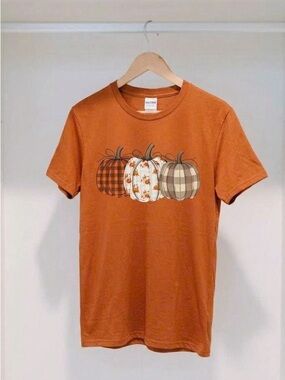 Plaid Trio Pumpkins Graphic Tee Burnt Orange Fall Autumn T-Shirt